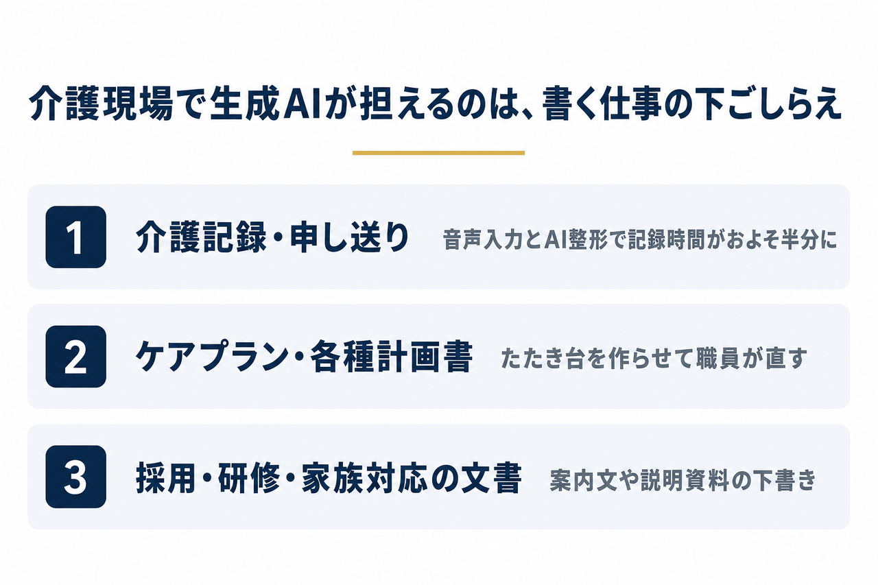 介護現場で生成AIが担える仕事（介護記録・計画書のたたき台・採用や家族対応の文書）を並べた図
