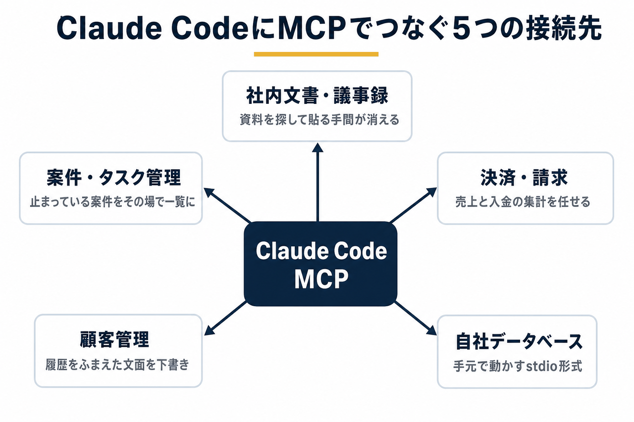 Claude Codeを中心に、社内文書・案件管理・決済請求・顧客管理・自社データベースの5つの接続先が放射状に並ぶ関係図