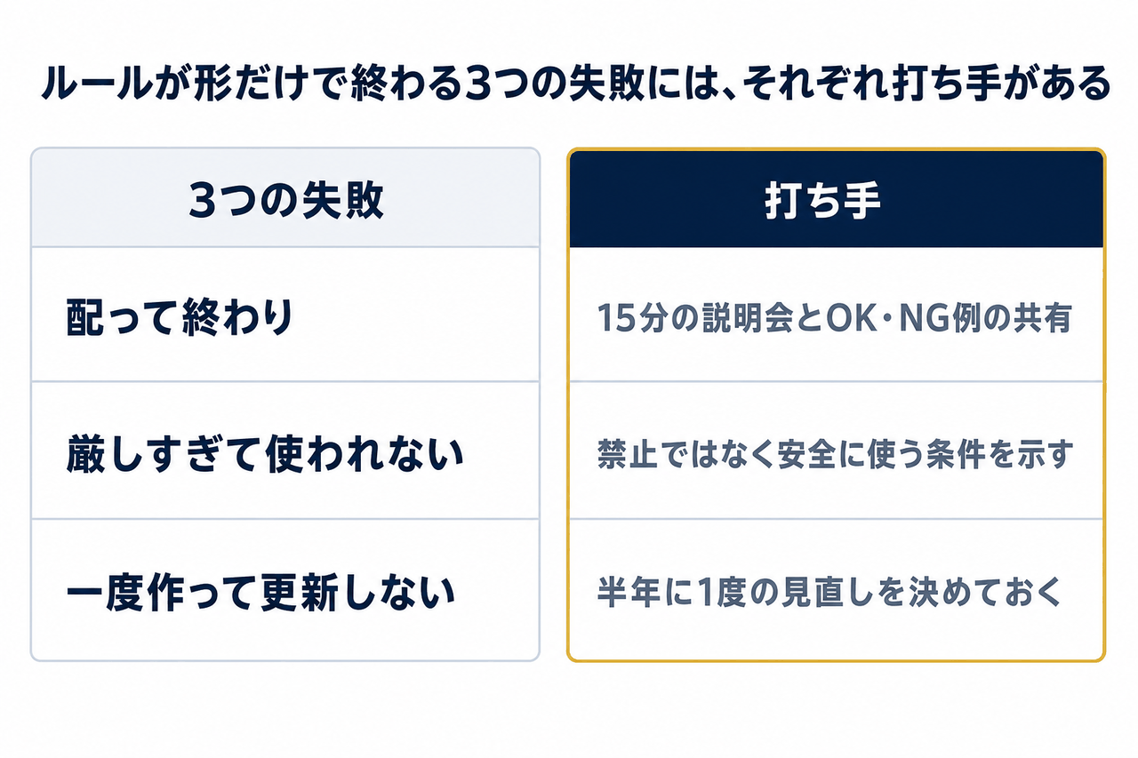 ルールが形だけで終わる3つの失敗と、それぞれの打ち手を左右に並べた比較図