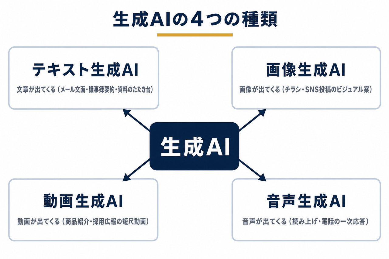 生成AIを中心に置き、テキスト・画像・動画・音声の4種類が上下関係なく横並びでぶら下がる関係図