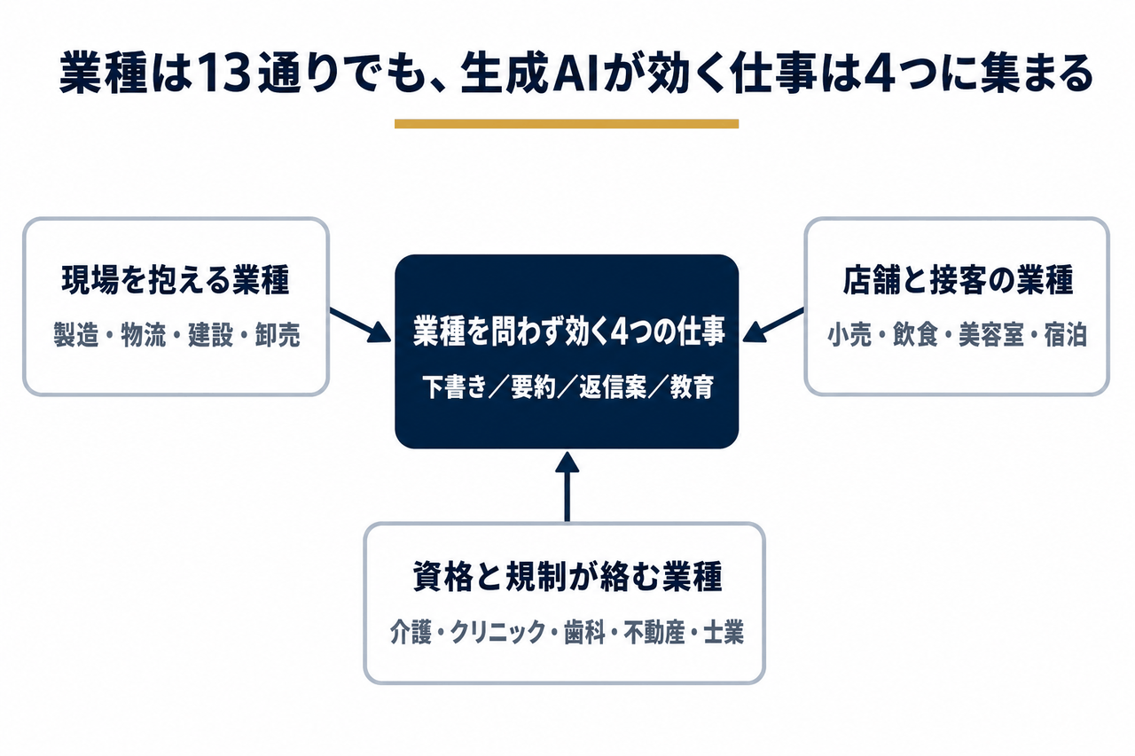 業種は13通りでも、生成AIが効く仕事は文章の下書き・要約や議事録・問い合わせへの返信案・社内マニュアルと教育の4つに集まることを示した関係図