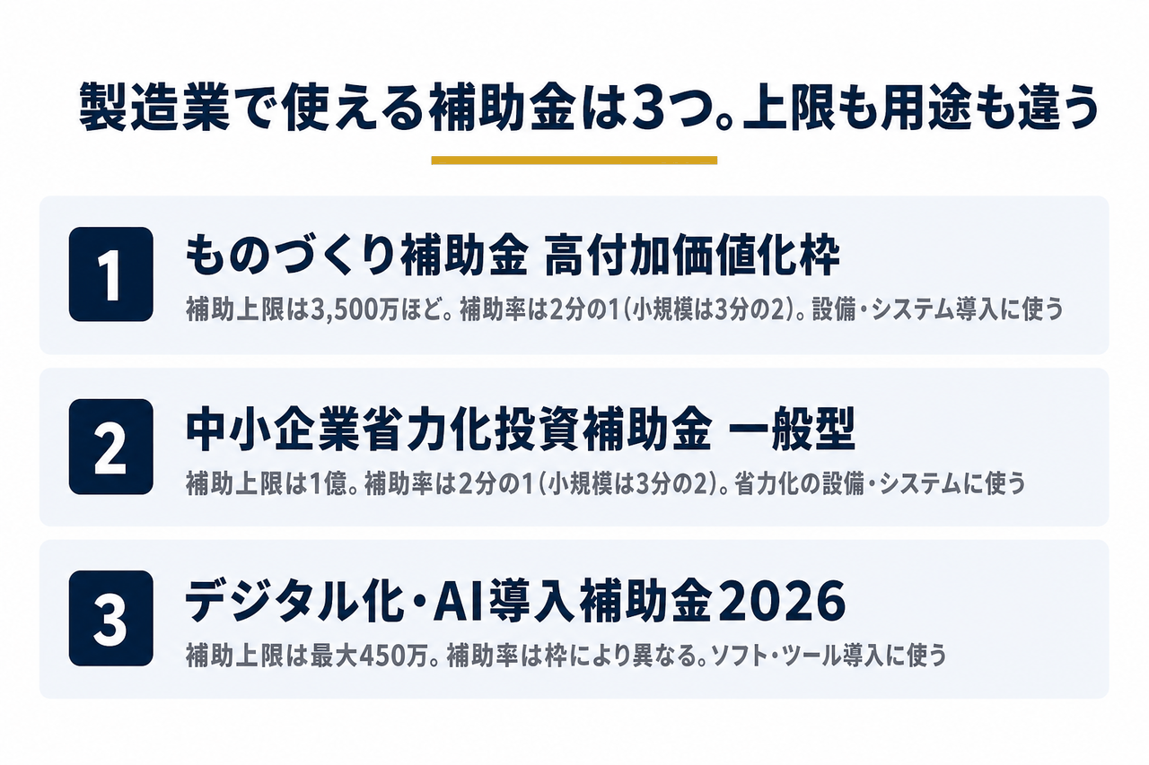 ものづくり補助金・中小企業省力化投資補助金・デジタル化AI導入補助金2026の上限額と補助率、用途を並べた図