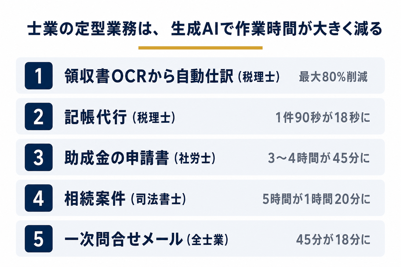 士業の定型業務ごとに、生成AIを使ったときの作業時間の削減幅を並べた図