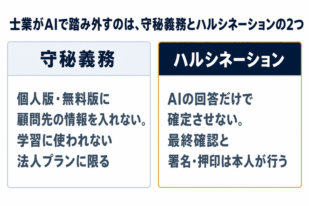 士業がAIを使うときの2つの注意点、守秘義務とハルシネーションへの対応を左右に並べた比較図