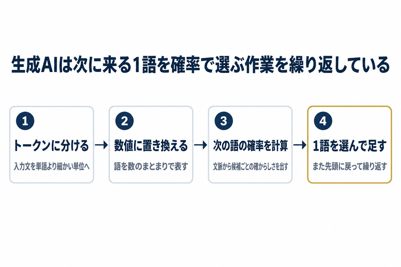 生成AIが入力から答えを作るまでの4ステップ。トークンに分け、数値に置き換え、次に来る語の確率を計算し、1語を選んで末尾に足し、また先頭に戻る繰り返し