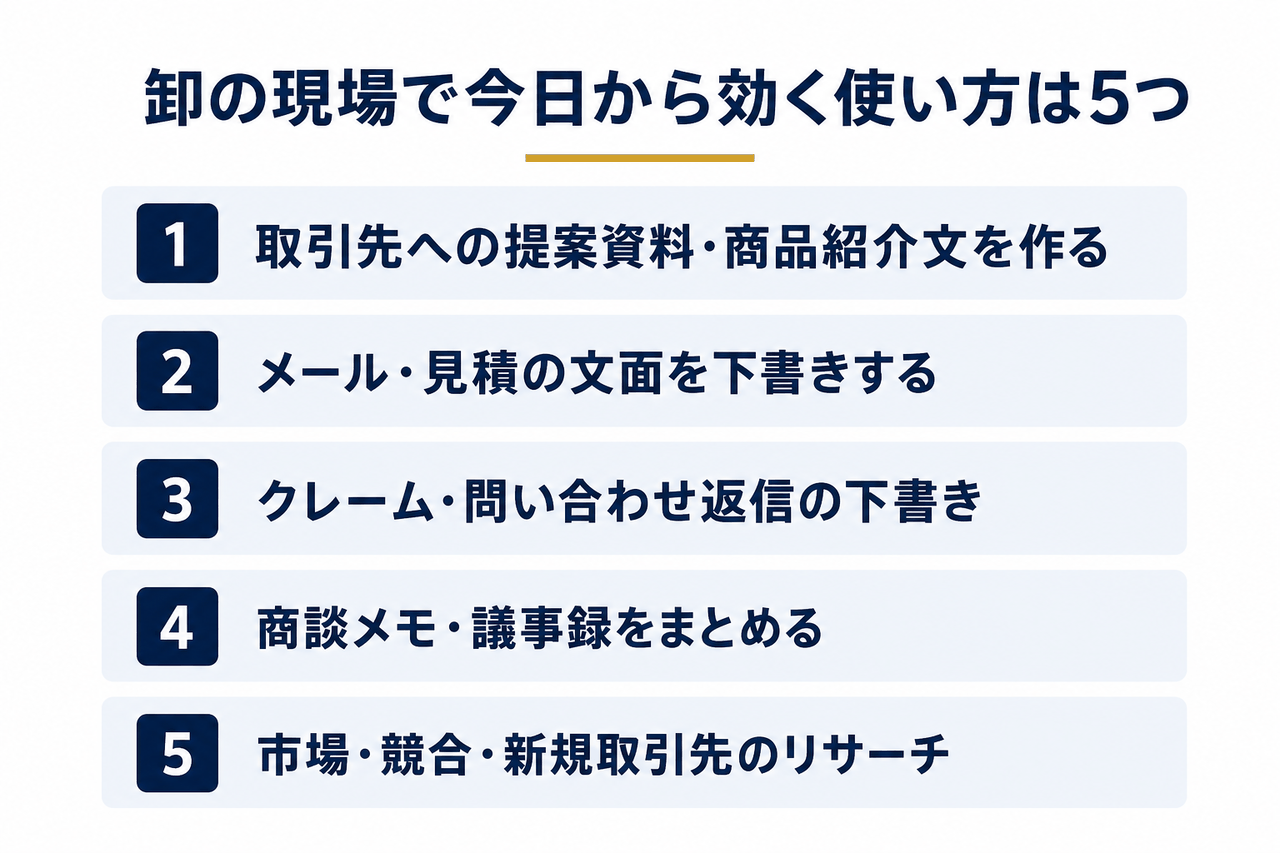卸売業の現場で効く生成AIの使い方5つを番号付きで並べた図